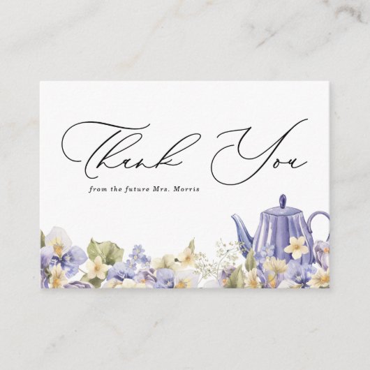 Paarse bloemige theepot bruidsthee dank u informatiekaartje (Voorkant)