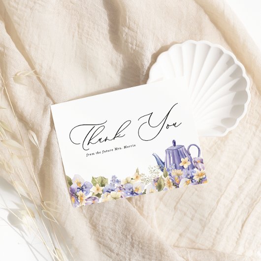Paarse bloemige theepot bruidsthee dank u informatiekaartje