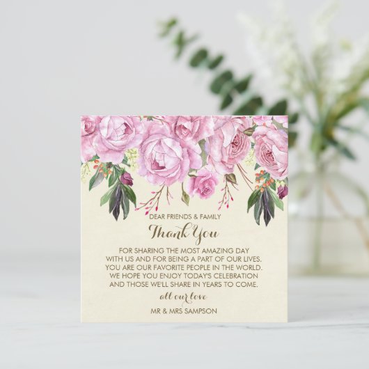 paarse bloemige trouw dank je wel receptiekaart kaart (Staand voorkant)