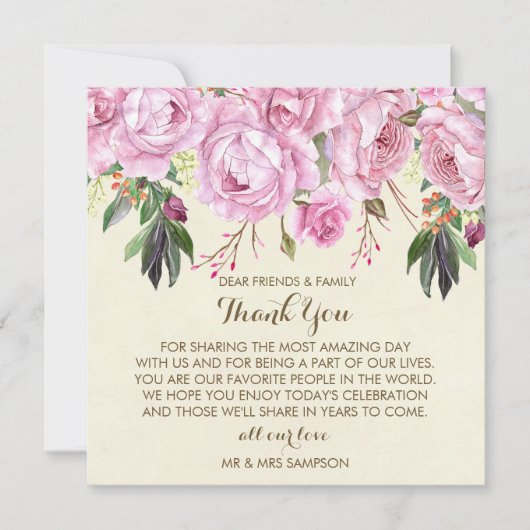 paarse bloemige trouw dank je wel receptiekaart kaart (Voorkant)