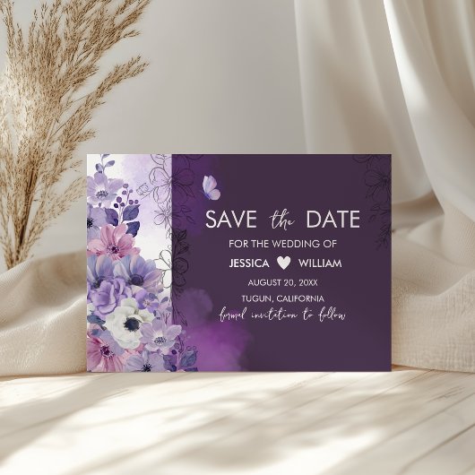 Paarse Bloemige Trouw 'Save the Date' Kaart