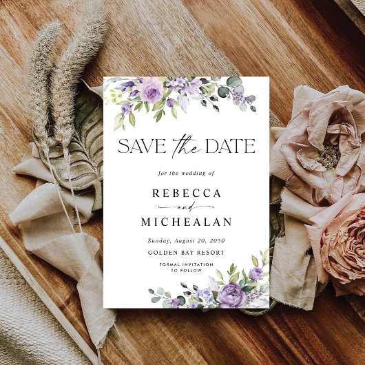 Paarse Bloemige Trouw Save The Date Uitnodiging
