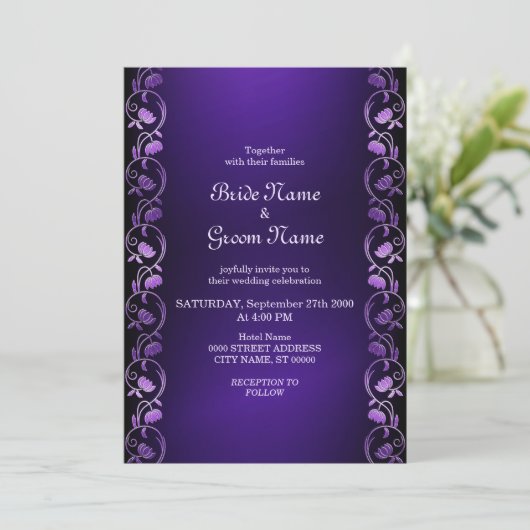 Paarse Bloemige Trouw Uitnodiging (Staand voorkant)