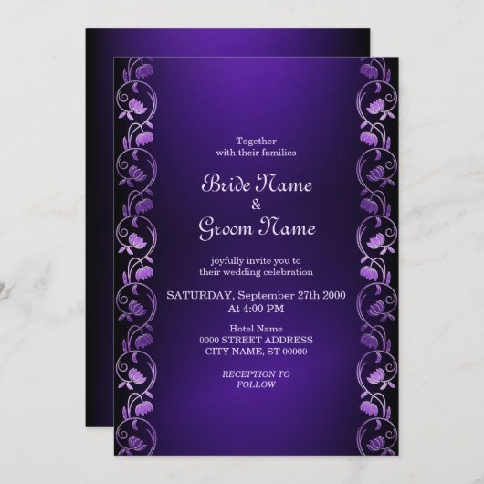 Paarse Bloemige Trouw Uitnodiging (Voorkant / Achterkant)