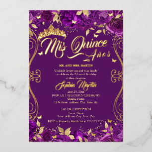 Paarse Bloemige Tuin Gouden Mis Quince Quinceanera Folie Uitnodiging
