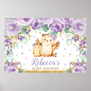 Paarse Bloemige Uil Baby Shower Achtergrond Poster