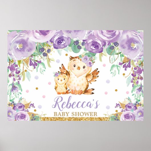 Paarse Bloemige Uil Baby Shower Achtergrond Poster (Voorkant)