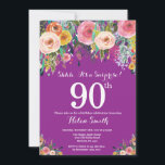 Paarse Bloemige Verrassing 90ste Verjaardagsuitnod Kaart<br><div class="desc">Paarse Bloemige Verrassing 90ste Verjaardagsuitnodiging voor Vrouwen. Waterverf Bloemen. Paarse Lilac Lavendel Violet Achtergrond. Roze, Geel, Oranje, Paarse Bloem. Volwassen Verjaardag. 13e 15e 16e 18e 20e 21e 30e 40e 50e 60e 70e 80e 90e 100e, Elke Leeftijd. Voor verdere aanpassing, klik op de "Pas het aan" knop en gebruik onze ontwerp...</div>