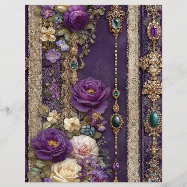 Paarse Bloemige Vintage Junk Journal Scrapbook Pap (Voorkant)