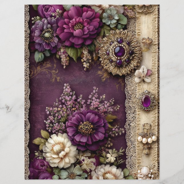 Paarse Bloemige Vintage Junk Journal Scrapbook Pap (Voorkant)
