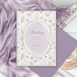 Paarse bloemige vintage whimsical huwelijksuitnodi kaart
