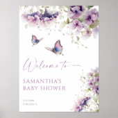 Paarse bloemige vlinder baby shower welkomstbord poster (Voorkant)