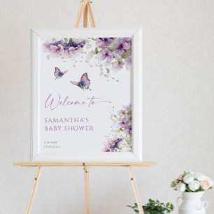 Paarse bloemige vlinder baby shower welkomstbord poster