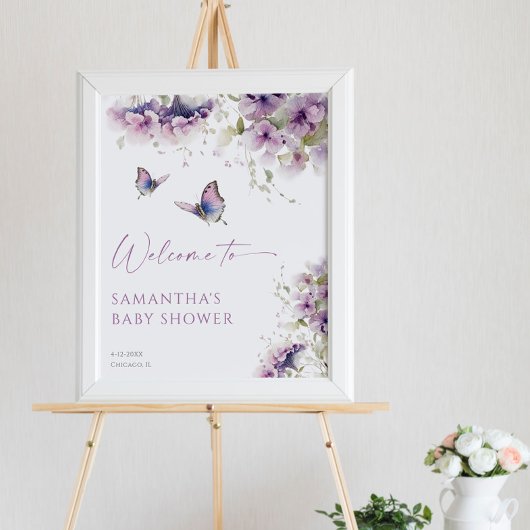 Paarse bloemige vlinder baby shower welkomstbord poster