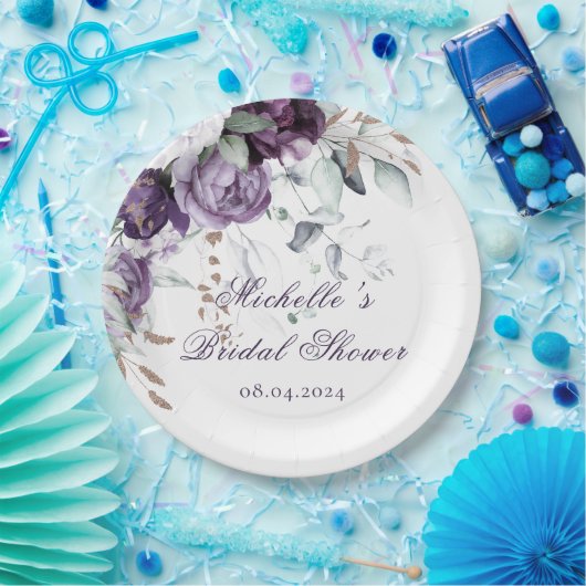 Paarse Bloemige Waterverf Elegante Bruidsuitnodigi Papieren Bordje (Feest)