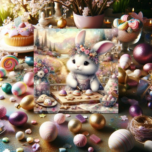 Paarse bloemige Waterverf konijn en paastraktaties Feestdagenkaart