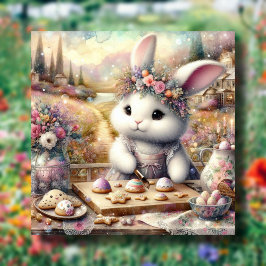 Paarse bloemige Waterverf konijn en paastraktaties Feestdagenkaart