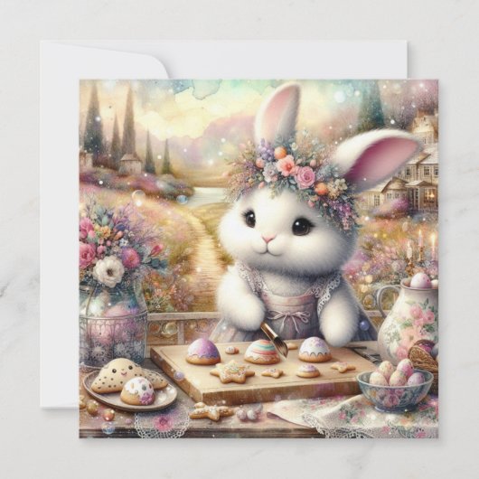 Paarse bloemige Waterverf konijn en paastraktaties Feestdagenkaart (Voorkant)