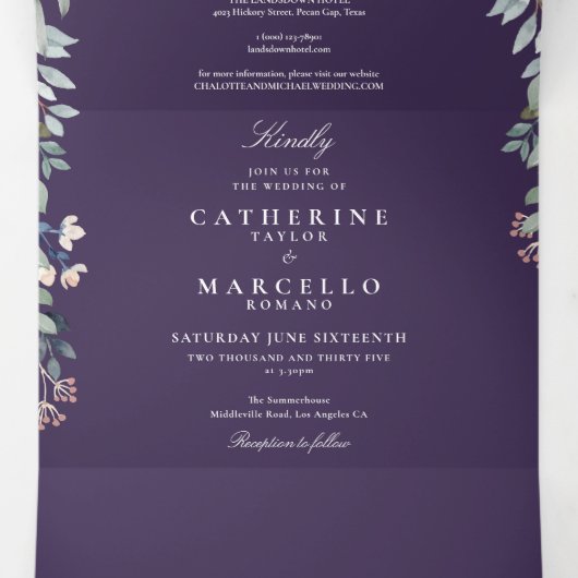 Paarse Bloemige Wilde Bloemen Monogram Foto Bruilo Drieluik Uitnodiging (Binnenkant midden)