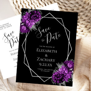 Paarse Bloemige Zilveren Geo Frame Zwarte Save the Briefkaart