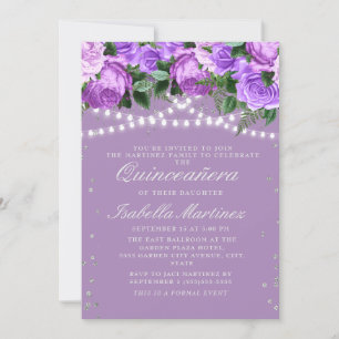 Paarse Bloemige Zilveren Glitter Quinceañera Kaart