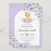 Paarse bloemige zoete leeuwenwelp baby shower kaart (Voorkant / Achterkant)