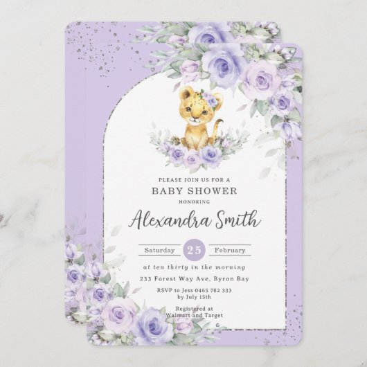 Paarse bloemige zoete leeuwenwelp baby shower kaart (Voorkant / Achterkant)