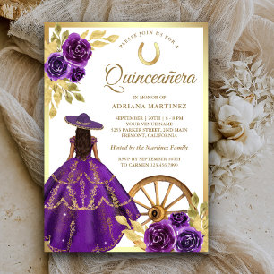 Paarse bloemjurk Charro gouden Quinceanera Kaart