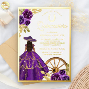 Paarse Bloemjurk Charro Quinceanera Goud Folie Uitnodiging