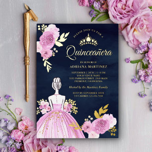 Paarse bloemjurk prinses marineblauw Quinceanera g Folie Uitnodiging