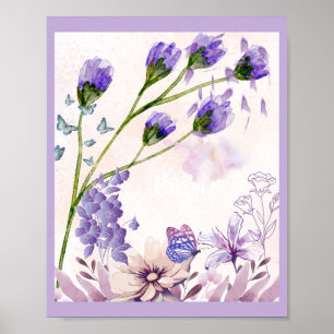 Paarse bloemkunstposter Waterverf bloemen & Vlin Poster
