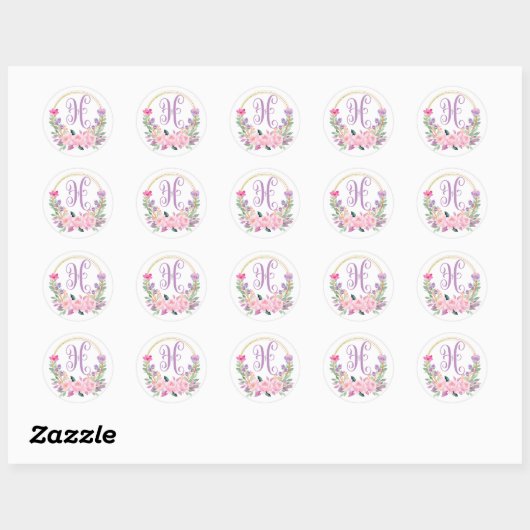 Paarse bloemmonogram ronde Stickers (Vel)