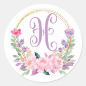 Paarse bloemmonogram ronde Stickers (Voorkant)