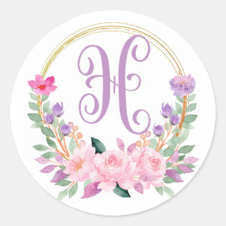 Paarse bloemmonogram ronde Stickers