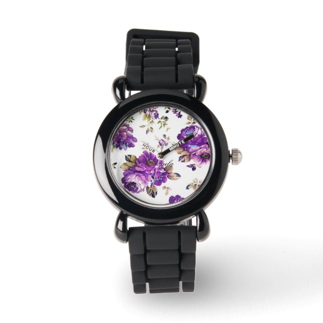 Paarse Bloemmotief Horloge (Voorkant)