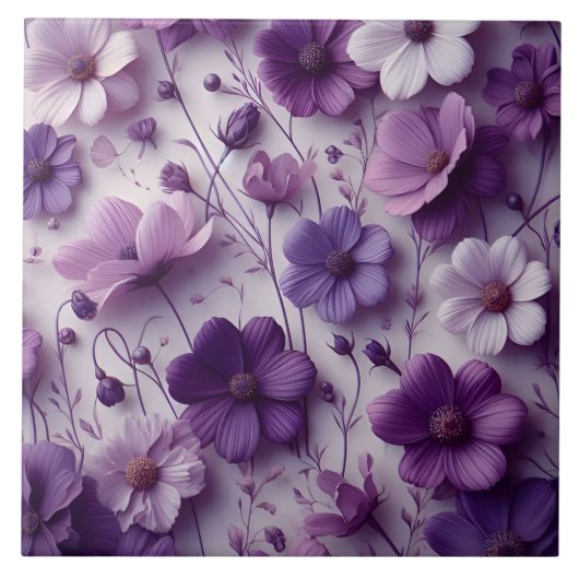 Paarse bloemmotief op een witte achtergrond tegeltje (Voorkant)