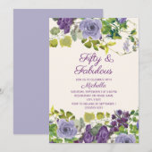 Paarse bloemmotieven groene bladeren 50 Fabulous V Kaart (Voorkant / Achterkant)