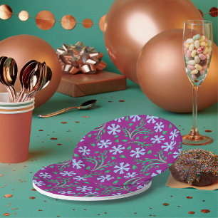 Paarse bloempatroon met blauwe bloemen papieren bordje