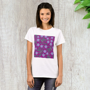 Paarse bloempatroon met blauwe bloemen t-shirt