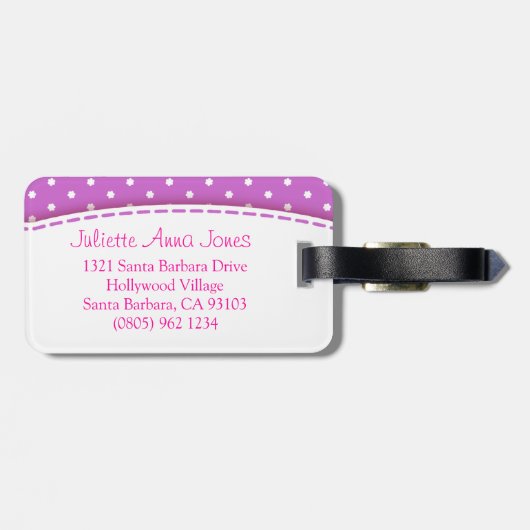  paarse bloempolka stippen genaamd bagagelabel (Achterkant horizontaal)