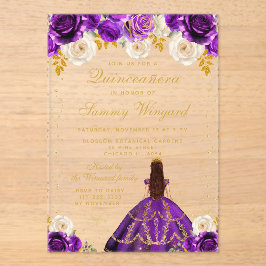 Paarse bloemprinses Quinceañera Acryl Uitnodigingen