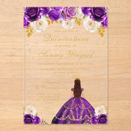 Paarse bloemprinses Quinceañera Acryl Uitnodigingen (Voorkant)