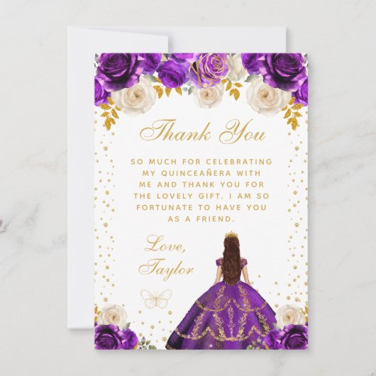 Paarse bloemprinses Quinceañera Bedankkaart (Voorkant)