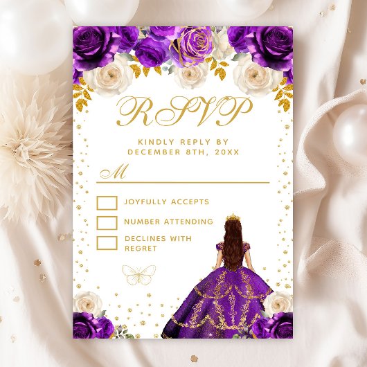Paarse bloemprinses Quinceañera RSVP Kaartje