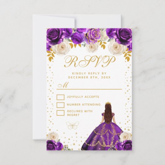Paarse bloemprinses Quinceañera RSVP Kaartje (Voorkant)