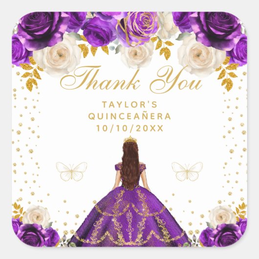 Paarse bloemprinses Quinceañera Vierkante Sticker (Voorkant)