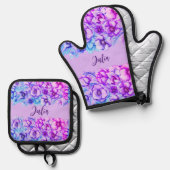 Paarse bloemranden -Naam toevoegen Ovenwant & Pannenlap Set (Voorkant / Achterkant)