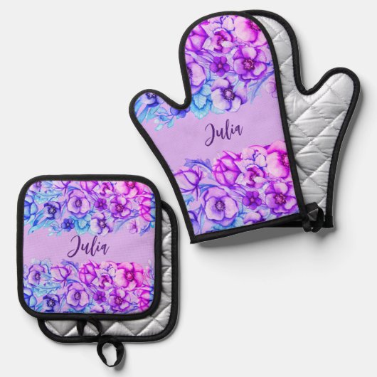 Paarse bloemranden -Naam toevoegen Ovenwant & Pannenlap Set (Voorkant / Achterkant)