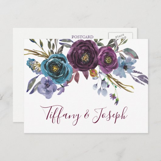 Paarse Bloemrijke Aquarel Elegante Trouw-RSVP Uitnodiging Briefkaart (Voorkant / Achterkant)