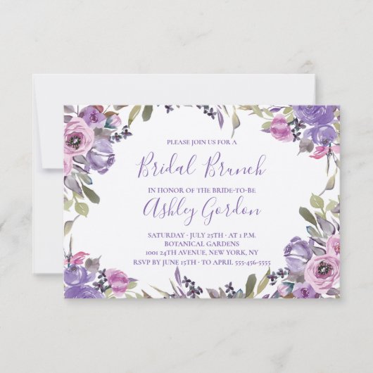 Paarse Bloemrijke Elegante Script Bruids Brunch Kaart (Voorkant)